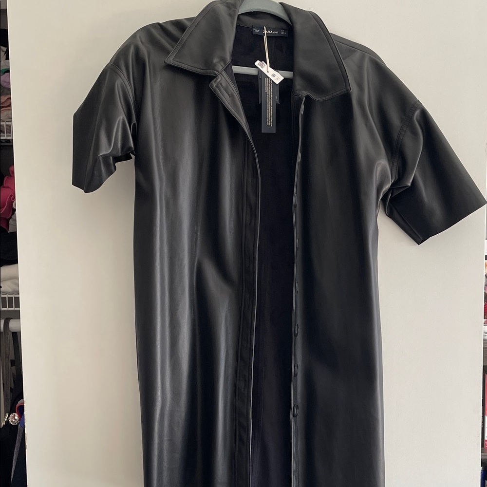 Black Faux Leather Button-Up Dress
